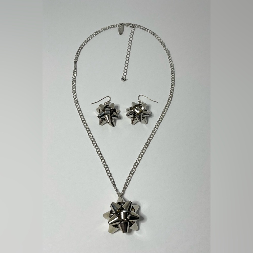 Christmas Bows Pendant Chain Necklace and Earring Set Stainless Steel by Avenue
